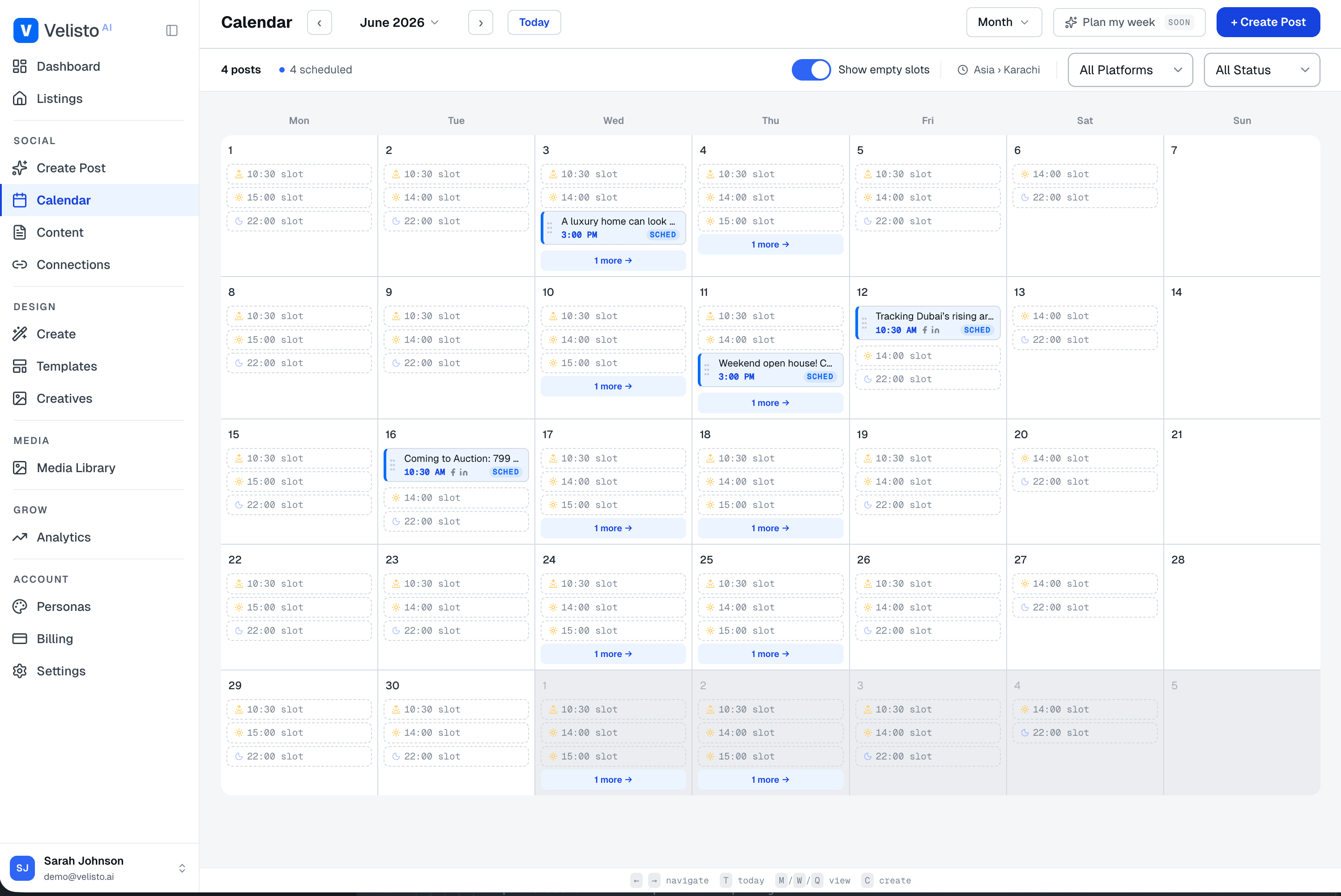 Velisto Calendar — schedule across IG, Facebook, LinkedIn