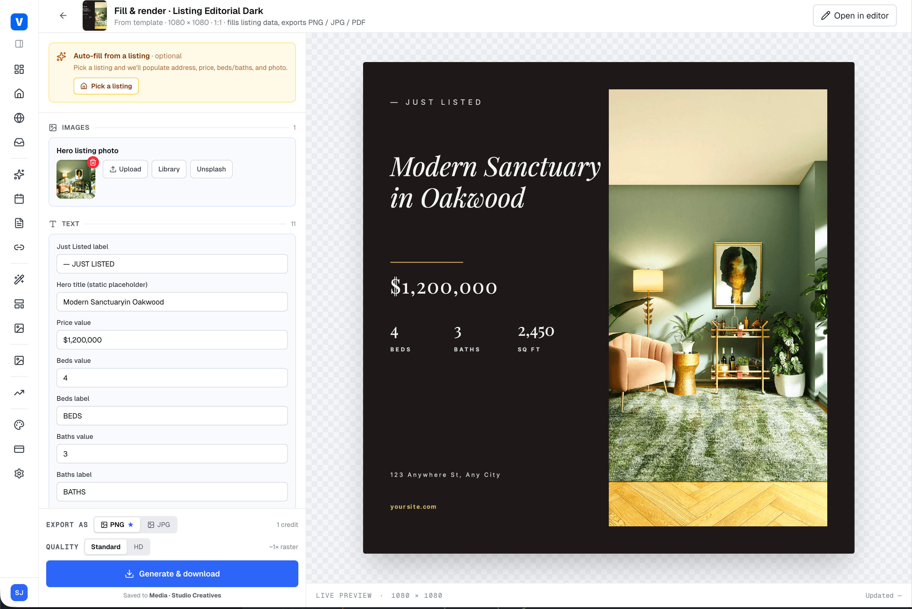 Creative Studio rendering branded creatives from a listing