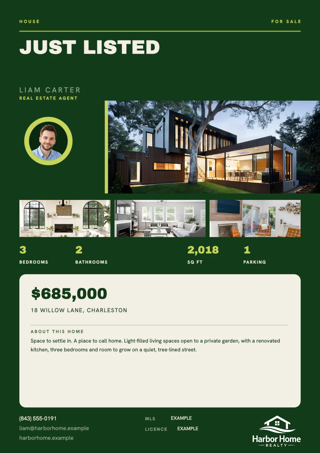 Herald Almanac just-listed flyer for 18 Willow Lane, with a modern home photo, three interior photos, the $685,000 price and agent Liam Carter's Harbor Home branding